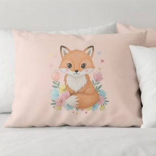 Cute Fox Pillow Cover with Hearts and Flowers