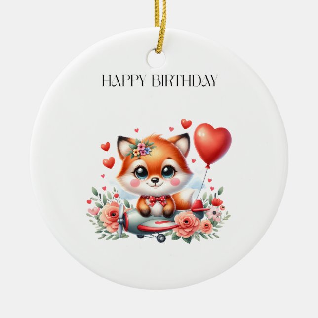 Cute Fox Pilot Birthday Ceramic Ornament (Front)