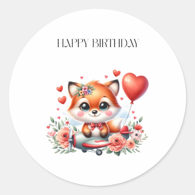 Cute Fox Pilot Birthday Classic Round Sticker (Front)