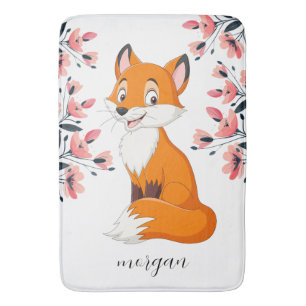 Cute Fox Pink Flowers Child's Name or Your Message Bath Mat