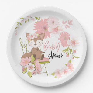 Cute Fox Pink White Florals Girl Baby Shower Paper Plate