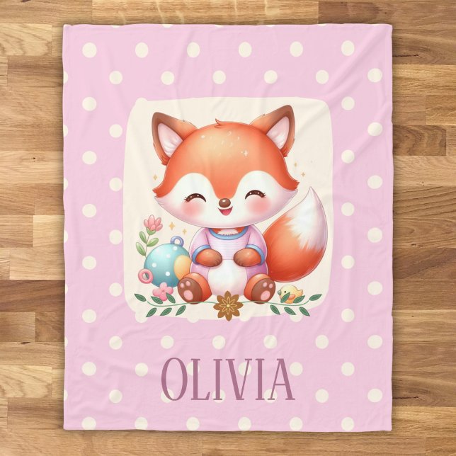 Cute Fox Polka Dot Elegant Personalised Fleece Blanket (Creator Uploaded)