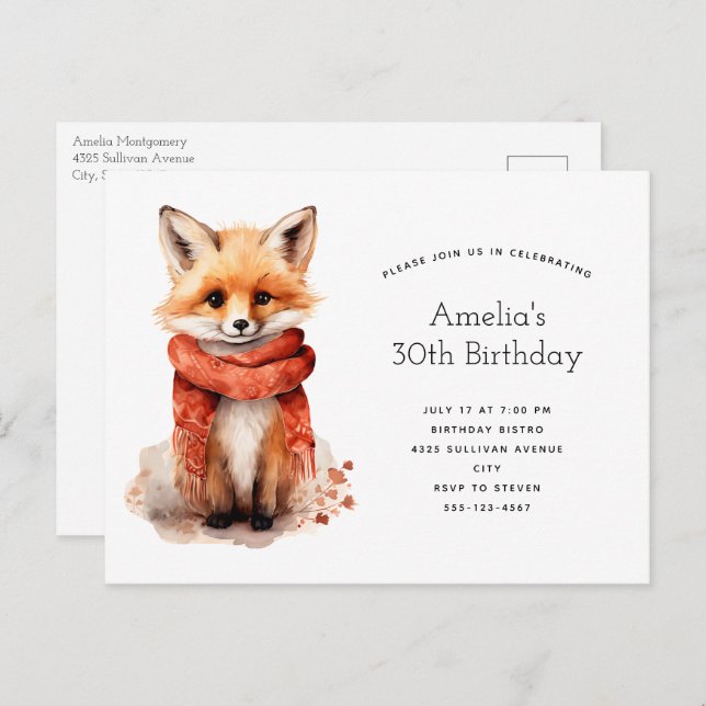 Cute Fox Pup in a Red Scarf Birthday Invitation Postcard (Front/Back)