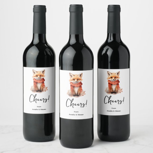 Cute Fox Pup in a Red Scarf Cheers Wine Label (Bottles)