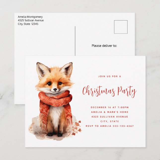 Cute Fox Pup in a Red Scarf Christmas Party Invitation Postcard (Front/Back)