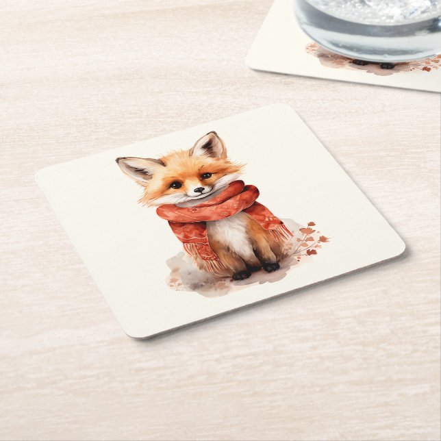 Cute Fox Pup in a Red Scarf Square Paper Coaster (Angled)