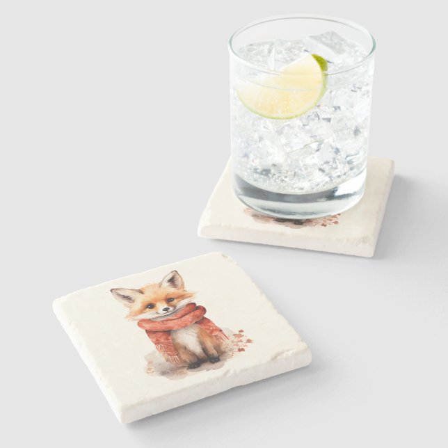 Cute Fox Pup in a Red Scarf Stone Coaster (Side)