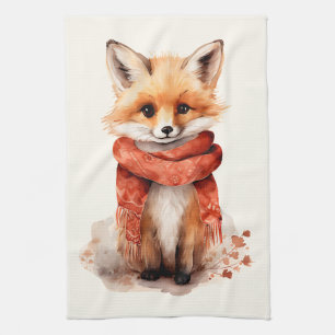 Cute Fox Pup in a Red Scarf Tea Towel