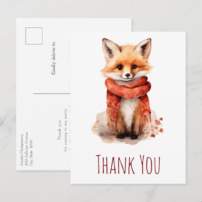 Cute Fox Pup in a Red Scarf Thank You Postcard (Front/Back)