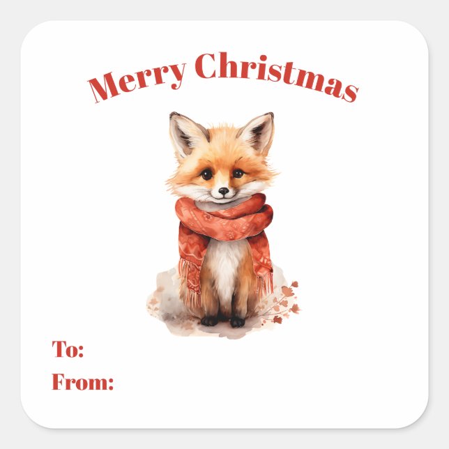 Cute Fox Pup in a Red Scarf To and From Gift Square Sticker (Front)