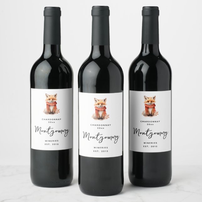 Cute Fox Pup in a Red Scarf Wine Making Label (Bottles)