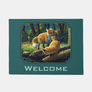 Cute Fox Pups Playing Forest Green Doormat