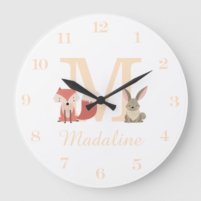 Cute Fox Rabbit Woodland Animals Monogram Large Clock (Front)