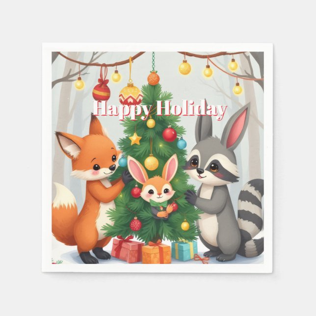  Cute Fox, Racoon, & Bunny Christmas Keepsake Napkin (Front)