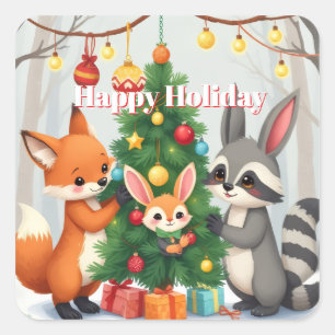 Cute Fox, Racoon, & Bunny Christmas Keepsake Square Sticker