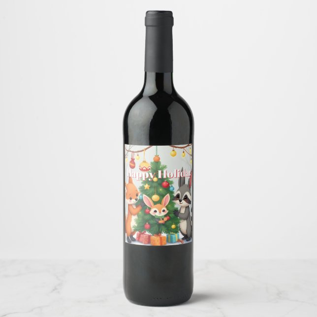  Cute Fox, Racoon, & Bunny Christmas Keepsake Wine Label (Front)
