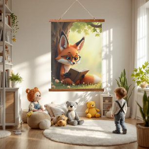 Cute fox reading a book, kids room hanging tapestry
