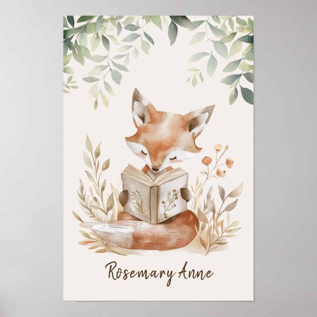 Cute Fox Reading Books Nursery Woodland Animal  Poster (Front)
