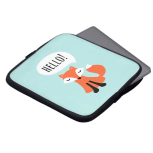 Cute fox saying hello, blue background. laptop sleeve