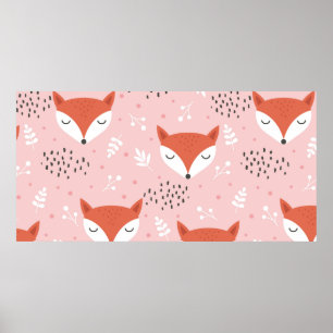 Cute fox seamless pattern, wolf hand drawn forest poster