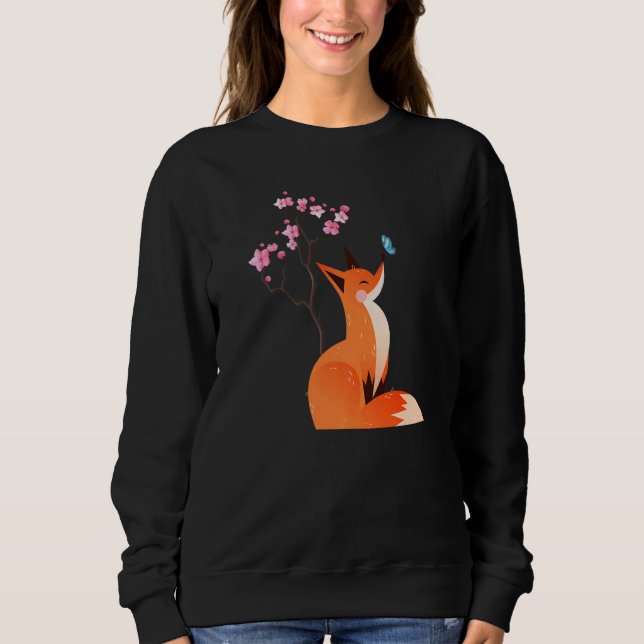 Cute Fox Shirt Japanese Cherry Flower And Butterfl (Front)