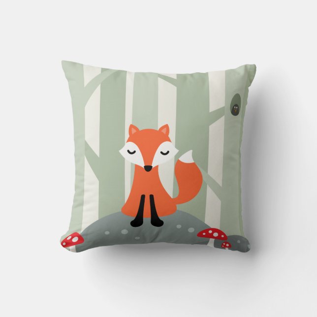 Cute fox sitting on a rock in the forest cushion (Front)