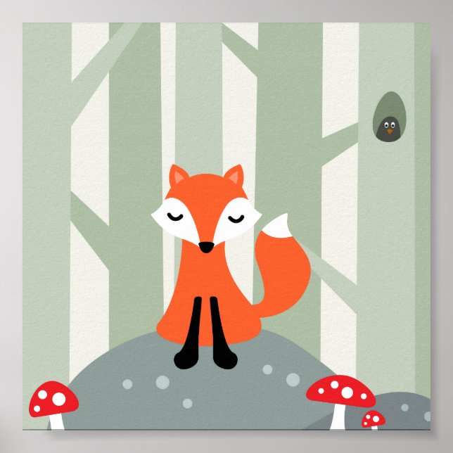 Cute fox sitting on a rock in the forest poster (Front)