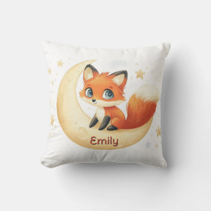 Cute Fox Sitting on the Moon with Stars Cushion