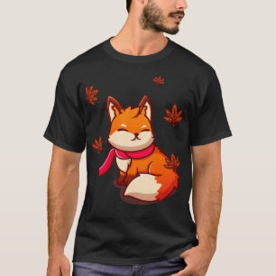Cute Fox Sitting With Scarf In Autumn Cartoon T-Shirt