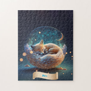 Cute Fox Sleeping in Globe of Galaxy Stars Moon   Jigsaw Puzzle