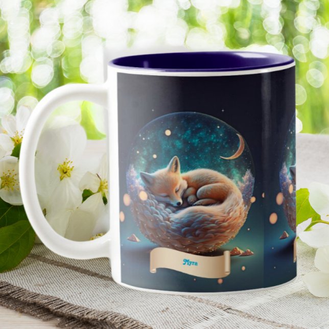 Cute Fox Sleeping in Globe Stars Moon Personalised Two-Tone Coffee Mug (Creator Uploaded)