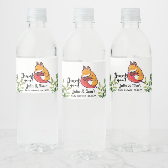 Cute Fox Thank You Baby Shower   Water Bottle Label (Bottles)