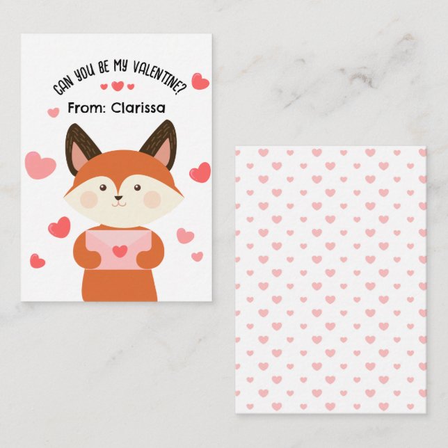 Cute Fox Valentines Day Card Kids with Hearts (Front/Back)