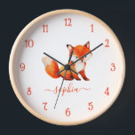 Cute Fox Watercolor Red Script Kid's Room Name Clock<br><div class="desc">For a kid's room. In the centre, there is a cute red fox. Under the illustration, the name of the kid is written in a red script. The animal is generated with DALL-E 2 from OpenAI. I have the right to use my generations for any legal purpose, including for commercial...</div>