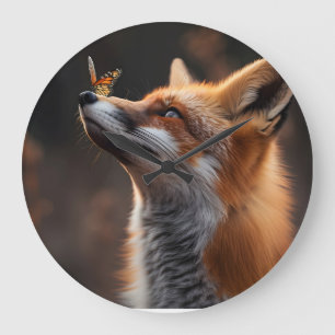 Cute fox with a butterfly sitting on its nose large clock