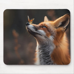 Cute fox with a butterfly sitting on its nose mouse pad