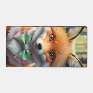Cute Fox with a Green and Pink bow Desk Mat