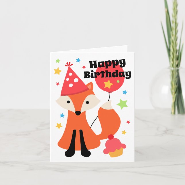 Cute fox with balloon cupcake star happy birthday card (Front)