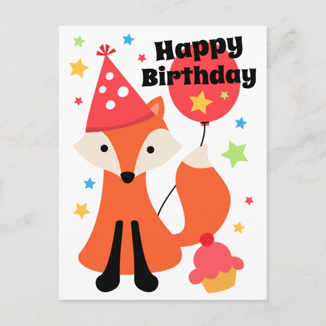 Cute fox with balloon cupcake star happy birthday postcard (Front)