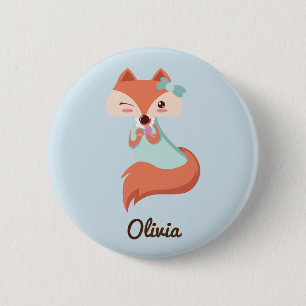 CUTE FOX WITH BLUE BOW ADD YOUR NAME 6 CM ROUND BADGE