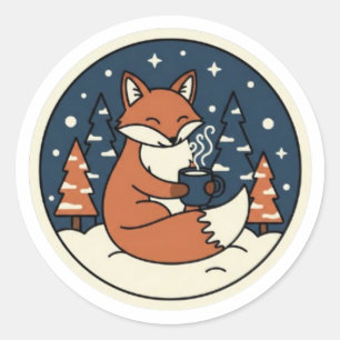 Cute Fox with Cocoa & Starry Winter Sky Classic Round Sticker