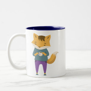 Cute fox with cup of tea
