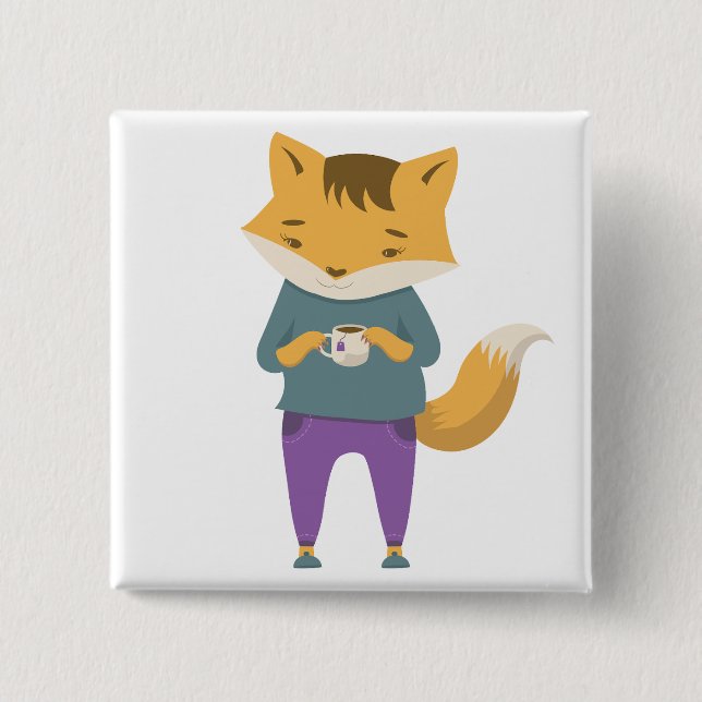 Cute fox with cup of tea 15 cm square badge (Front)