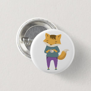 Cute fox with cup of tea 3 cm round badge