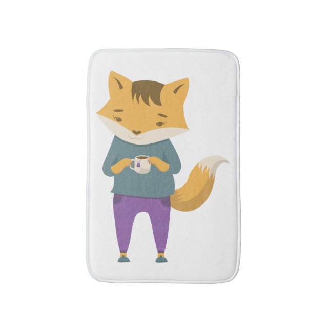 Cute fox with cup of tea bath mat (Front Vertical)