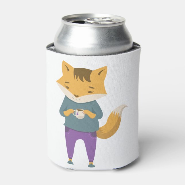 Cute fox with cup of tea can cooler (Can Front)