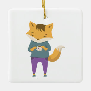 Cute fox with cup of tea ceramic ornament