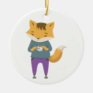 Cute fox with cup of tea ceramic ornament