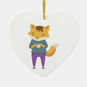 Cute fox with cup of tea ceramic ornament