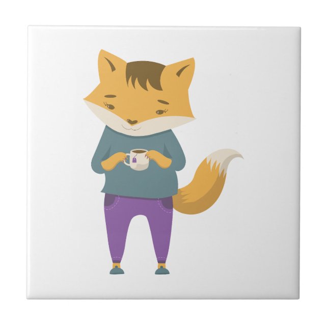 Cute fox with cup of tea ceramic tile (Front)